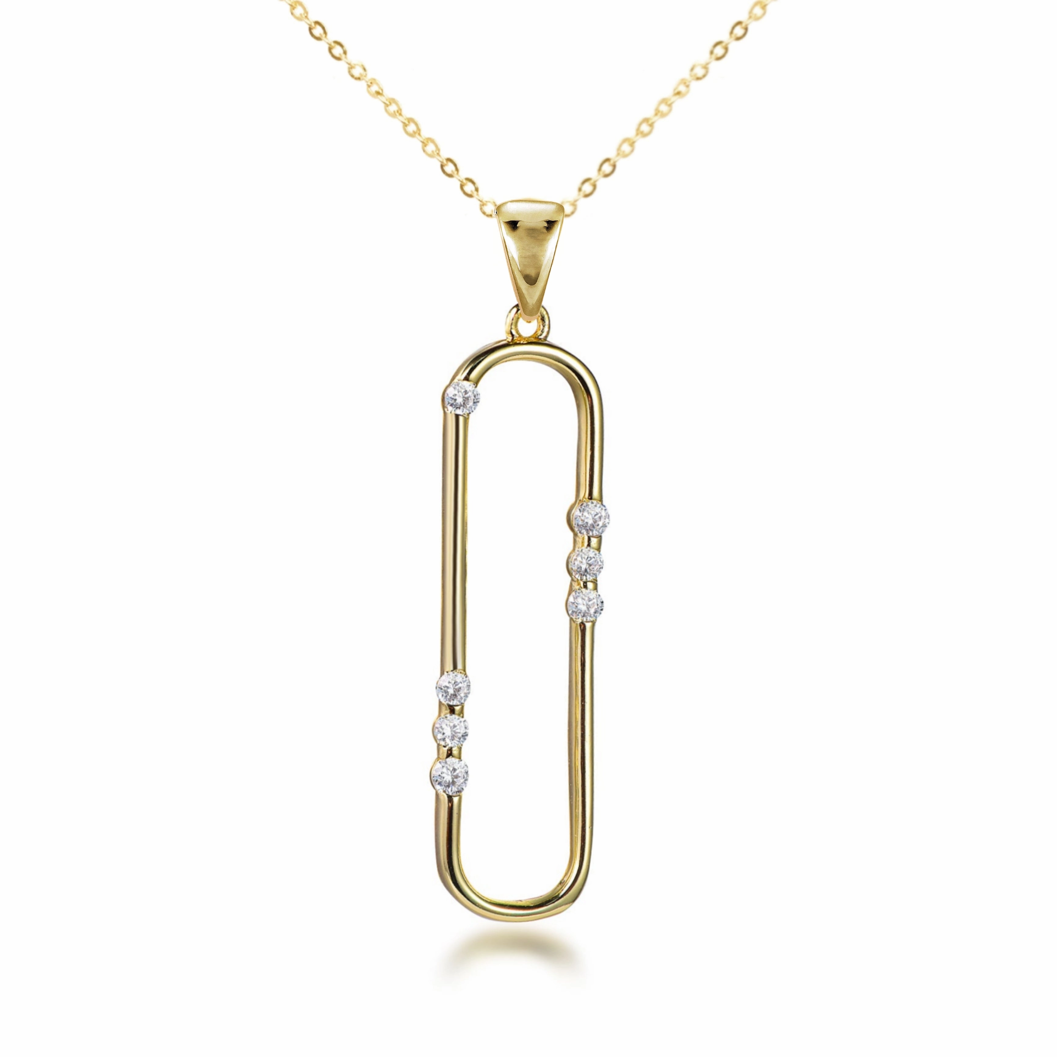 Gold Plated Sterling Silver "Diamond" Accent Paperclip Pendant Necklace Trendy Ornament Layered Detail