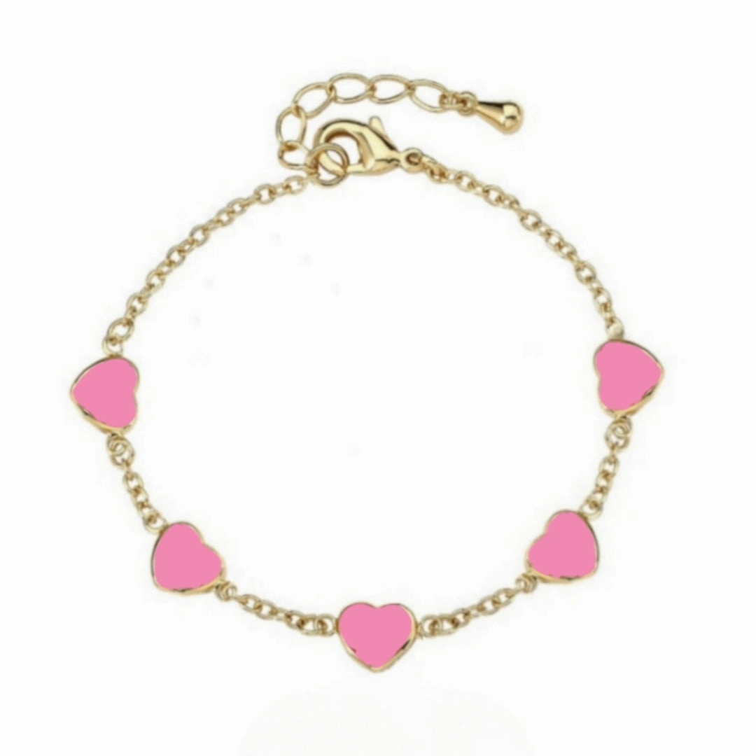 Harmonious Detail Classically Current Gold Plated Sterling Silver Red Or Pink Enamel Heart Station Bracelet
