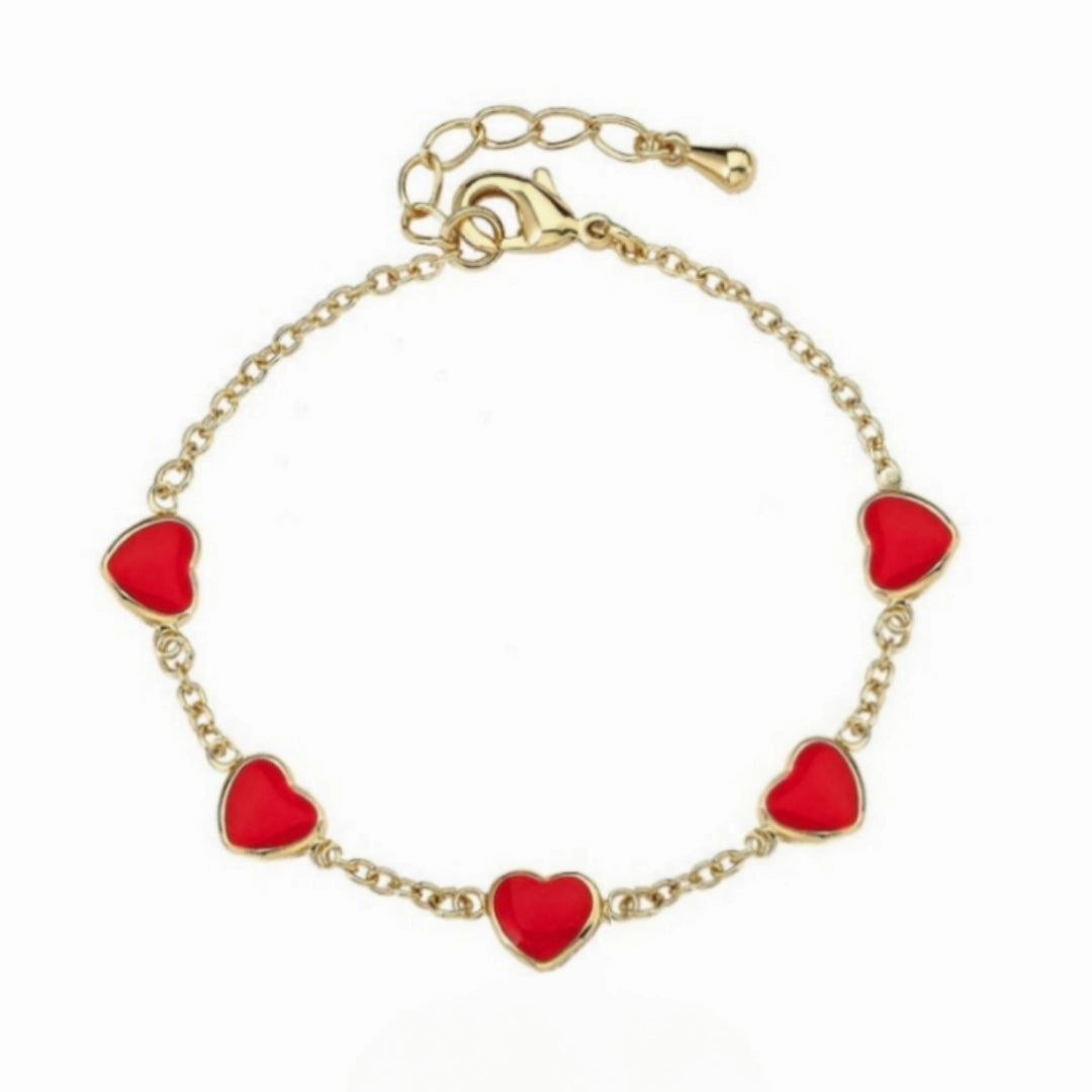 Multiple Fusions Gold Plated Sterling Silver Red Or Pink Enamel Heart Station Bracelet