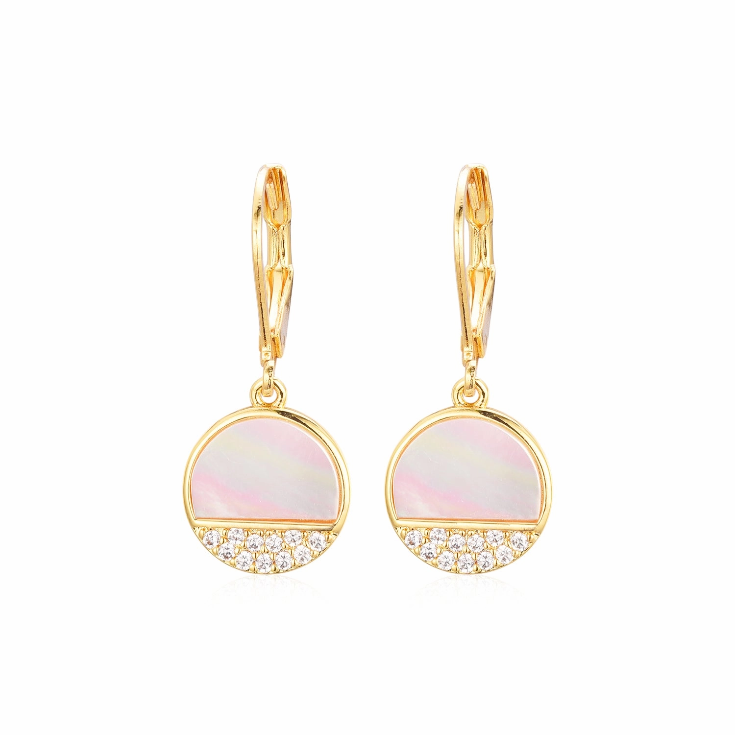 Classic Ornament Abstract Embellishment Gold Plated Surgical Steel ? Mother of Pearl and CZ Circle Earrings