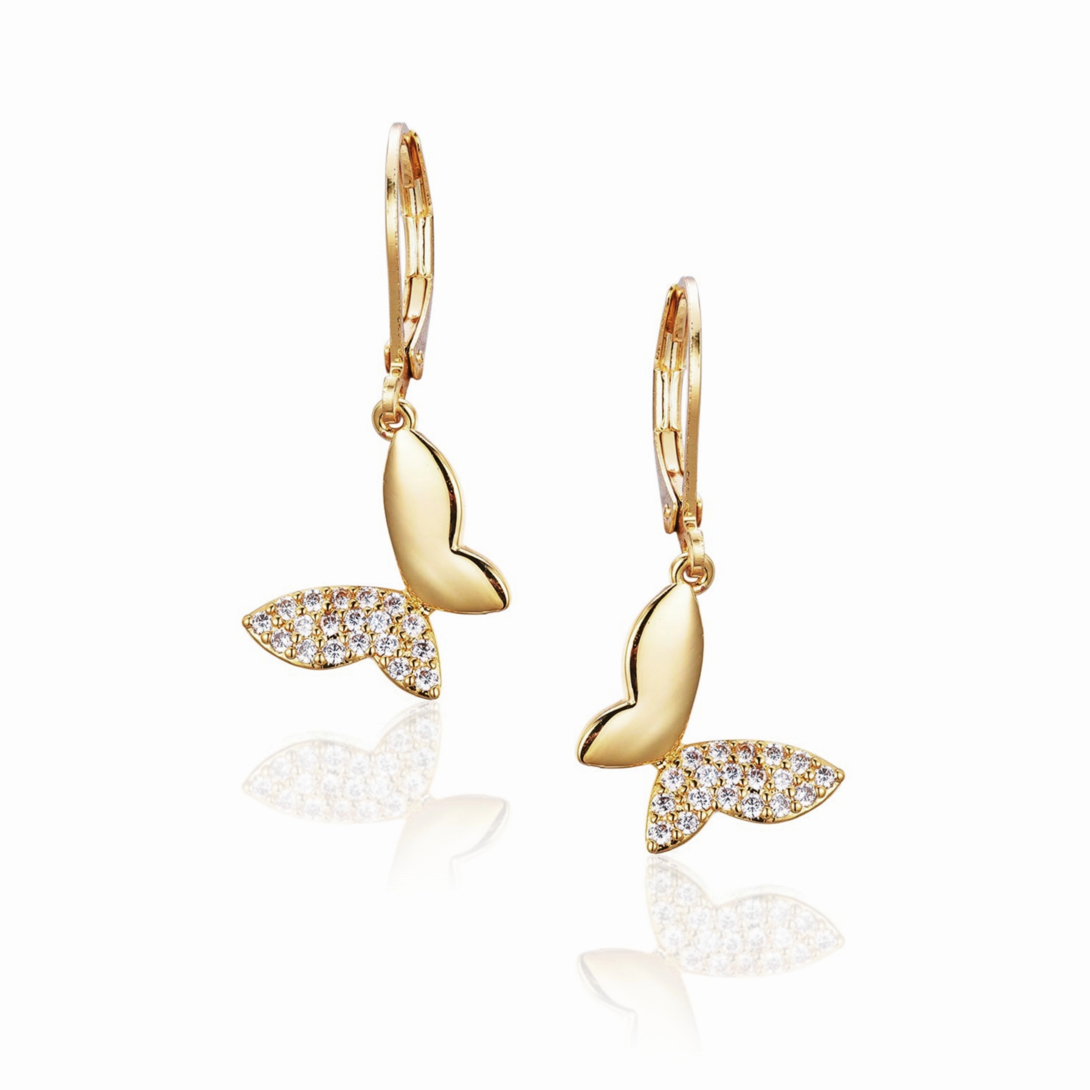 Round Embellishment Affordable Look Gold Plated Surgical Steel Angled Half Micropave Butterfly Leverback Earrings