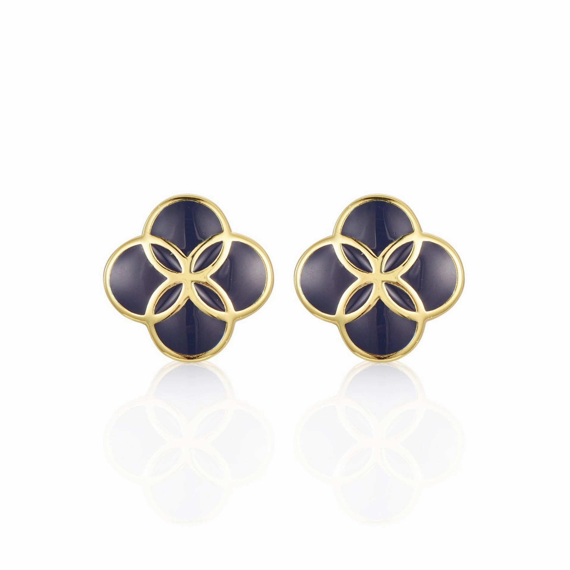 Petite Decoration Gold plated Surgical Steel Blue Enamel Clover Stud Earrings