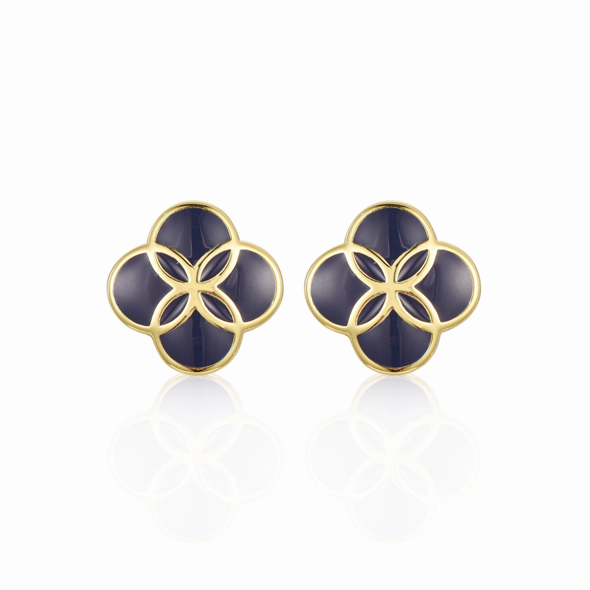 Trendy Piece Gold plated Surgical Steel Blue Enamel Clover Stud Earrings