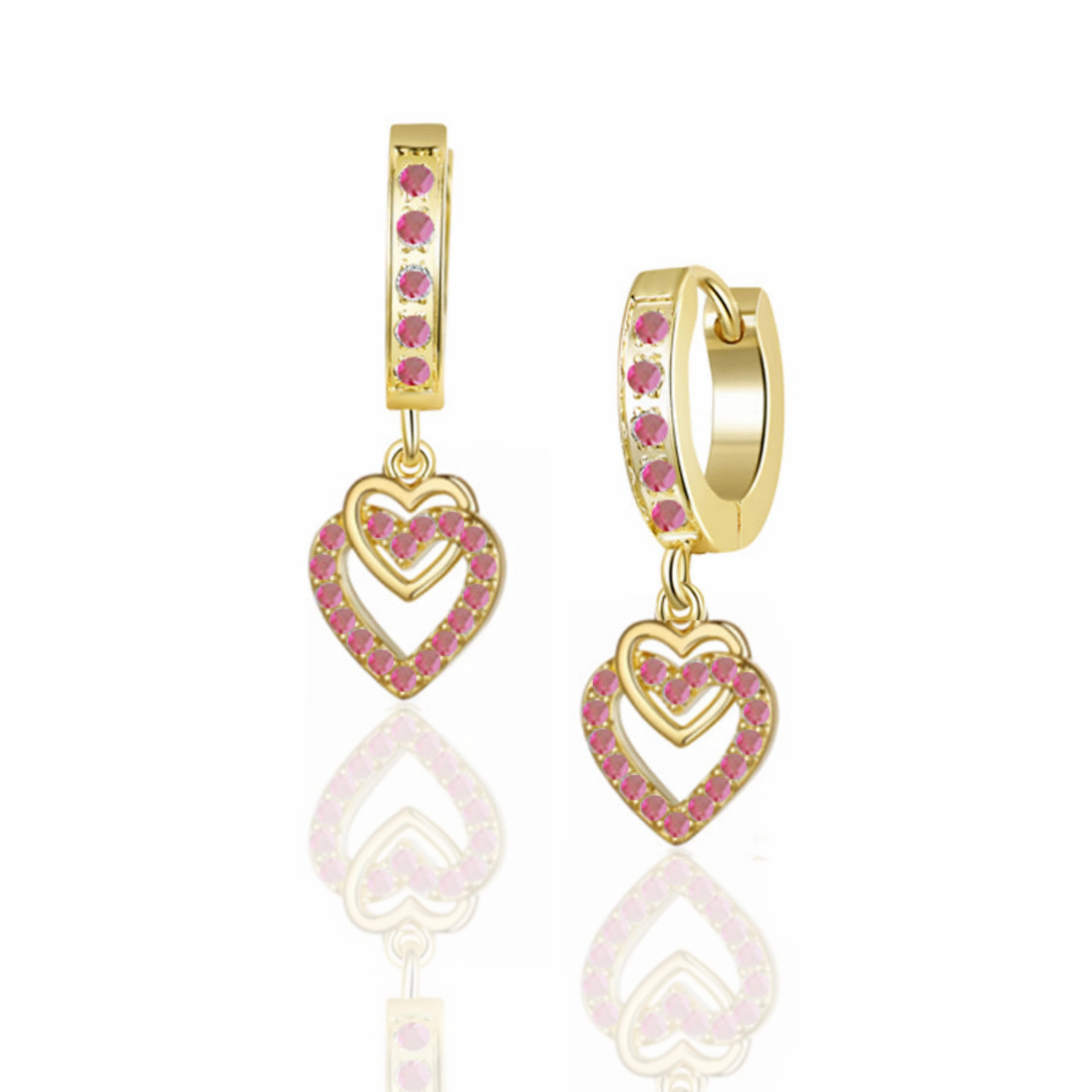 Gold Plated Surgical Steel CZ Interlocking Vertical Hearts Earrings Ornate Accessory Avant-Garde Piece