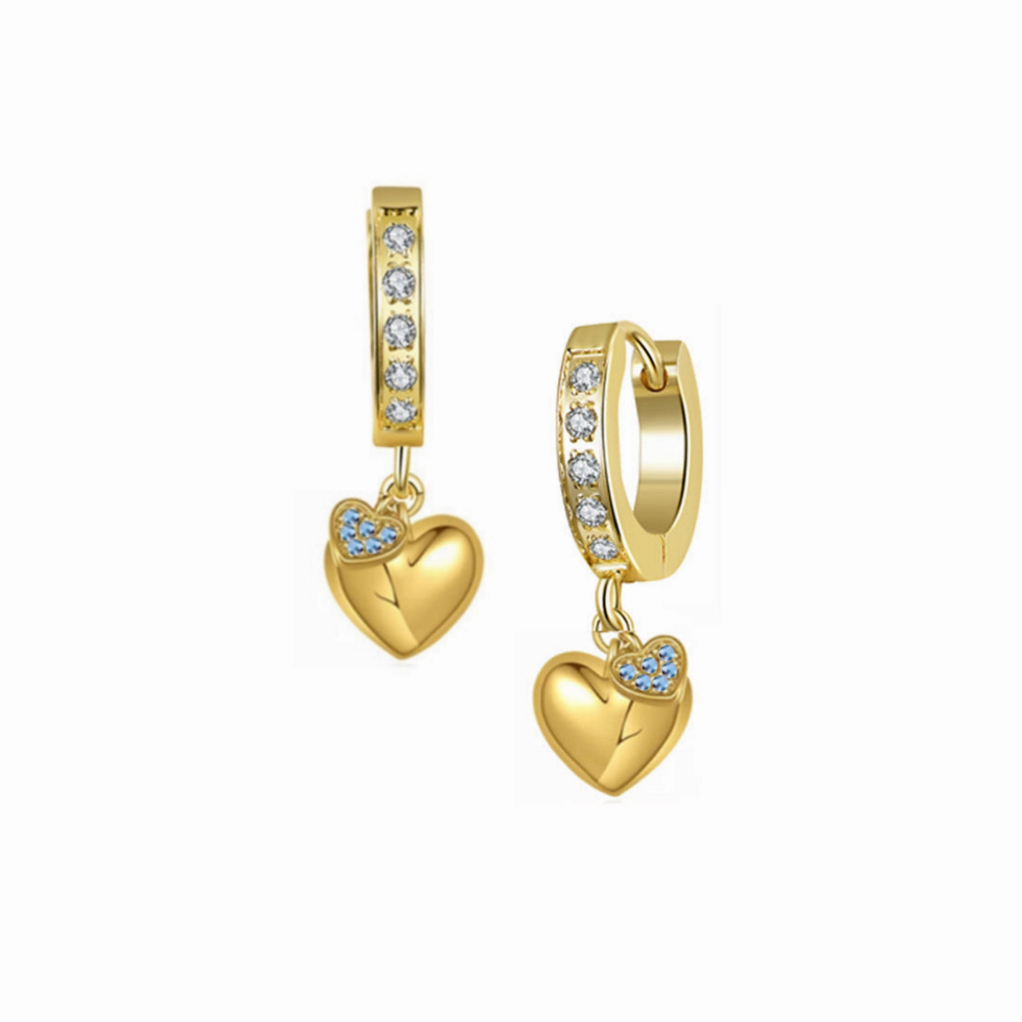 Geometric Piece Gold Plated Surgical Steel CZ Puffy and Small CZ Hearts Earrings