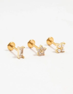 Simple pieces Gold Plated Surgical Steel Flower & Baguette Flat Backs 3-Pack