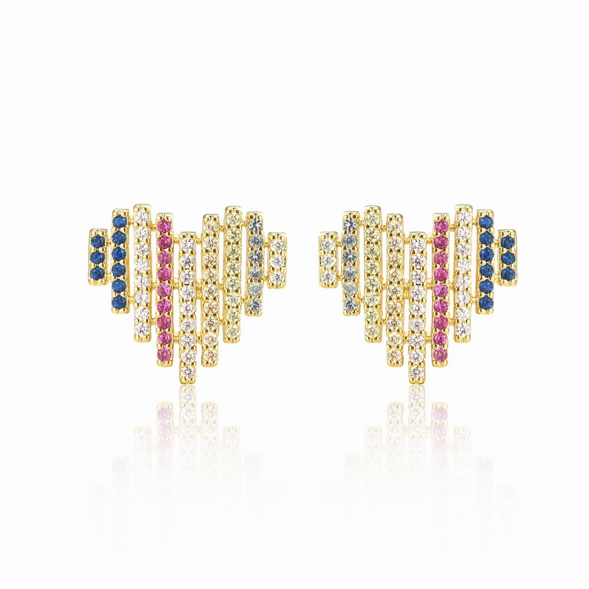 Artistic Piece Gold-Plated Surgical Steel Multicolor Striped Heart Stud Earrings