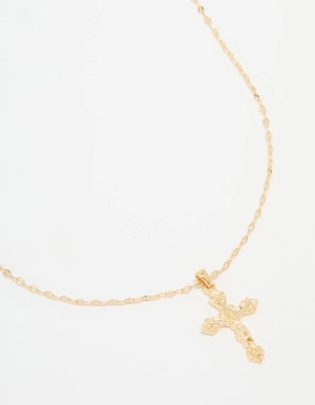 Youthful Spirit Triple Strand Accessory Gold Plated Vintage Cross Pendant Necklace