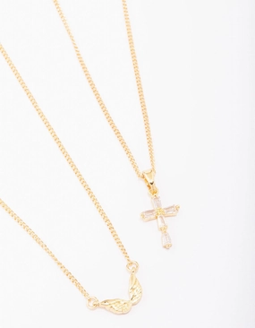 Gold Plated Wings & Diamante Cross Necklace 2-Pack Lively Charm