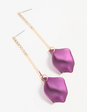 Gold Purple Coated Metal Diamante Petal Drop Earrings Fashionable Creation