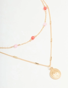 Party Jewelry Gold Red & Pink Beaded & Pendant Layered Necklace