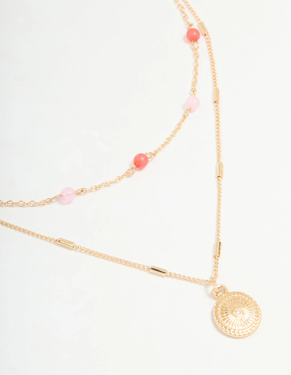 Gold Red & Pink Beaded & Pendant Layered Necklace Woven Accessory