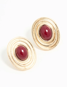 Gold Red Stone Vintage Round Statement Stud Earrings Handsome Item Avant-Garde Accessory