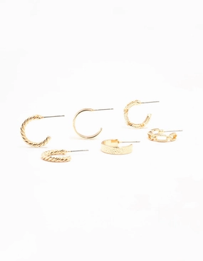 Modern Look Polished Item Gold Sand Blast & Link Hoop Earrings 3-Pack