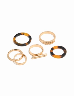 Luxury Proportion Stylish Decoration Gold Smooth & Tortoiseshell Rings 6-Pack