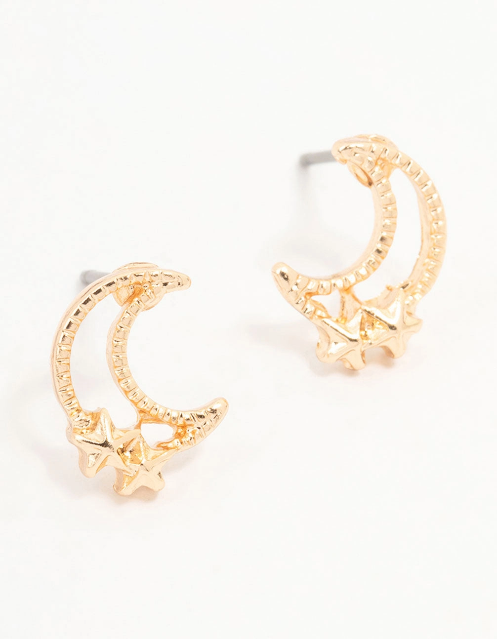 Gorgeous Feature Gold Stapled Moon & Star Stud Earrings