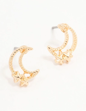Gorgeous Feature Gold Stapled Moon & Star Stud Earrings