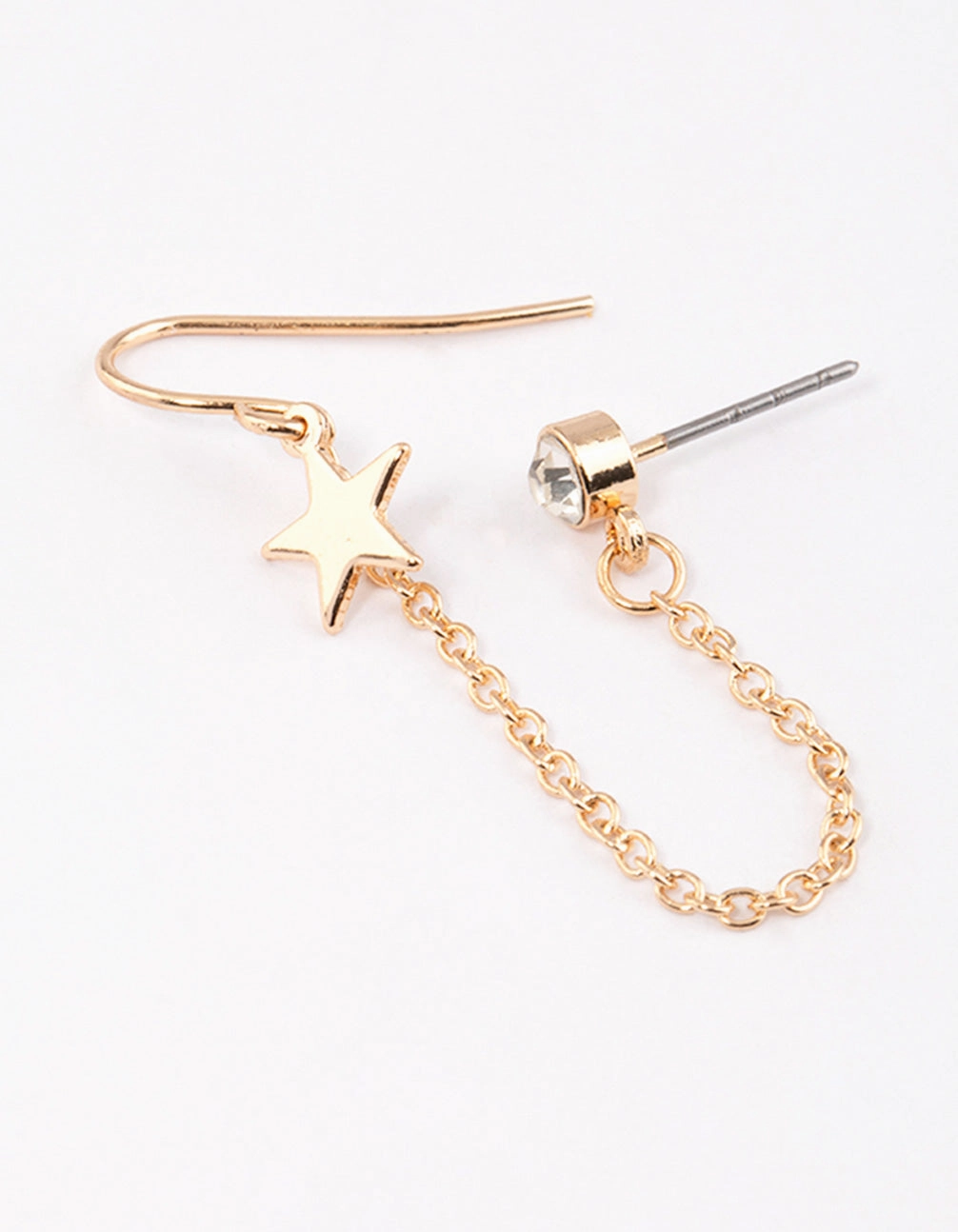 Gold Star & Diamanate Chain Stud Earrings Stunning Must-Have Square Decoration