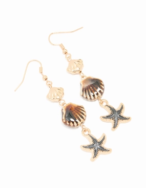 Attractive Adornment Gold Starfish & Shell Beaded Drop Earrings