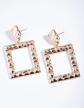 Comfortable Piece Triangular Adornment Gold Textured Square Drop Earrings