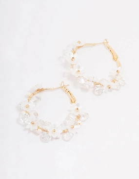 Dynamic Form Distinctive Edge Gold Plated Freshwater Pearl Diamante Flower Hoop Earrings