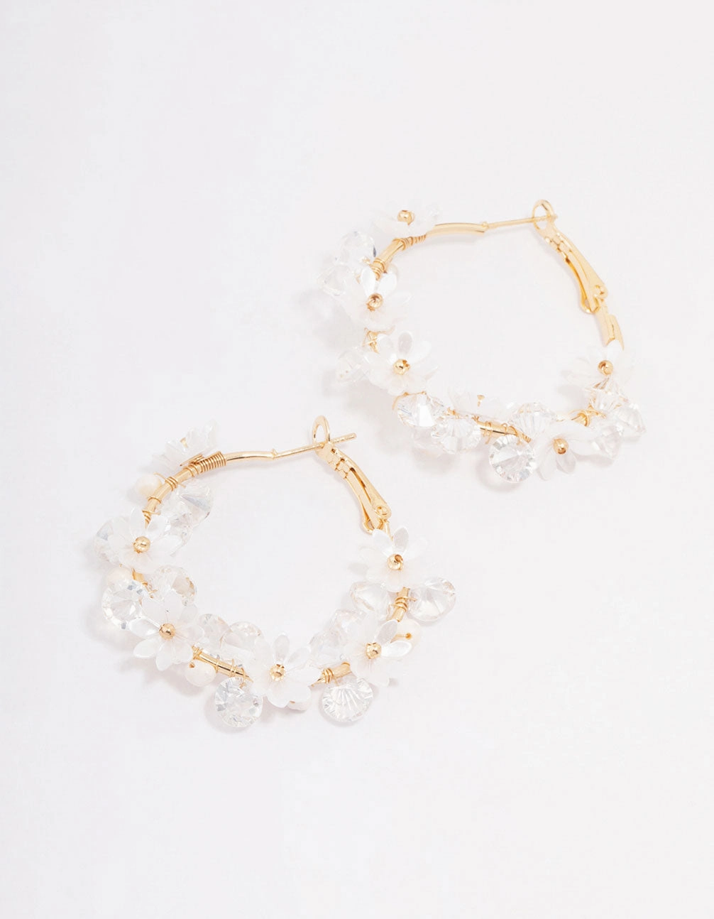 Dynamic Form Distinctive Edge Gold Plated Freshwater Pearl Diamante Flower Hoop Earrings