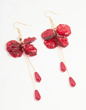Gold Red Beaded & Diamante Flower Drop Earrings Dainty Item