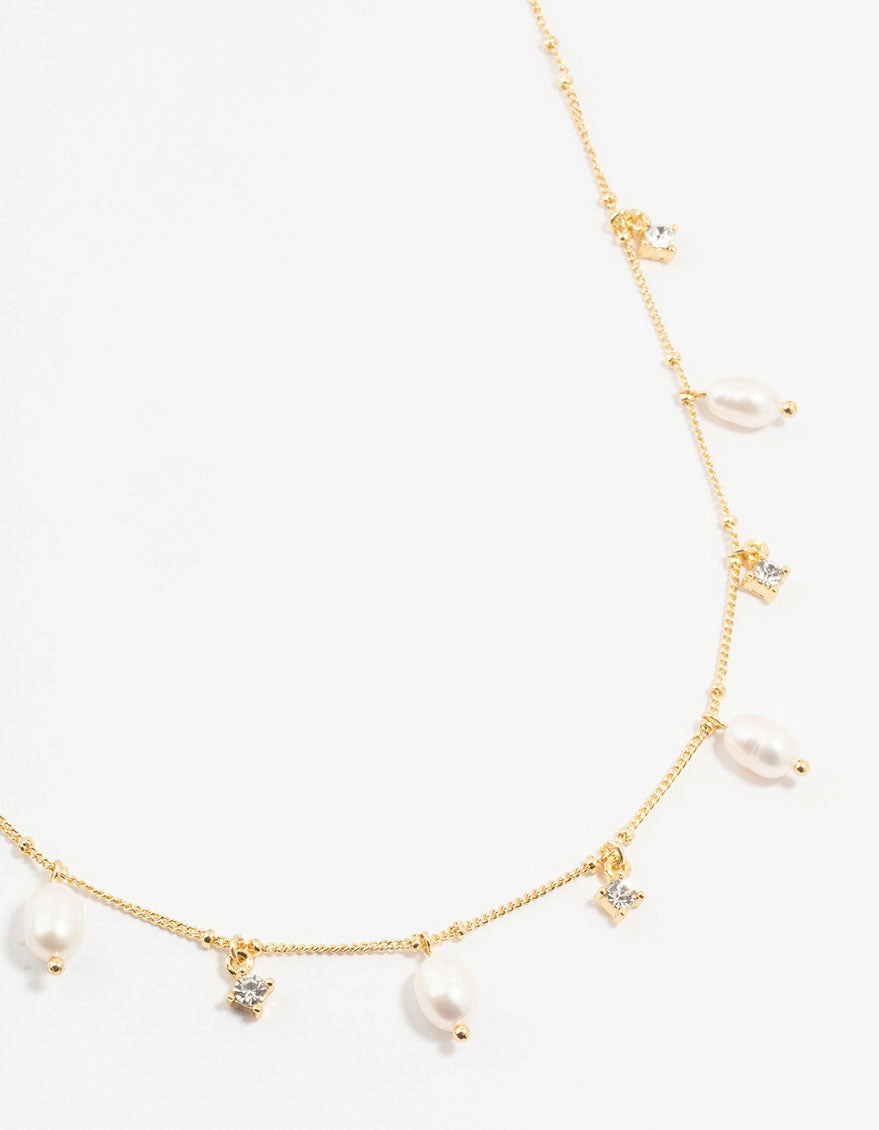 Gold Plated Alternating Pearl & Cubic Zirconia Station Necklace Self Esteem Piece High-End Item