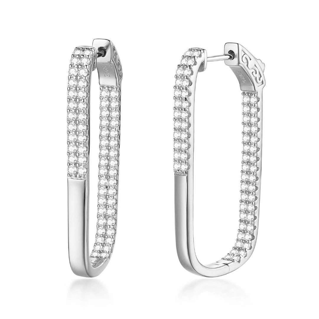 Fashionable appearance Sterling Silver Double Row CZ Rectangular Hoop Earrings