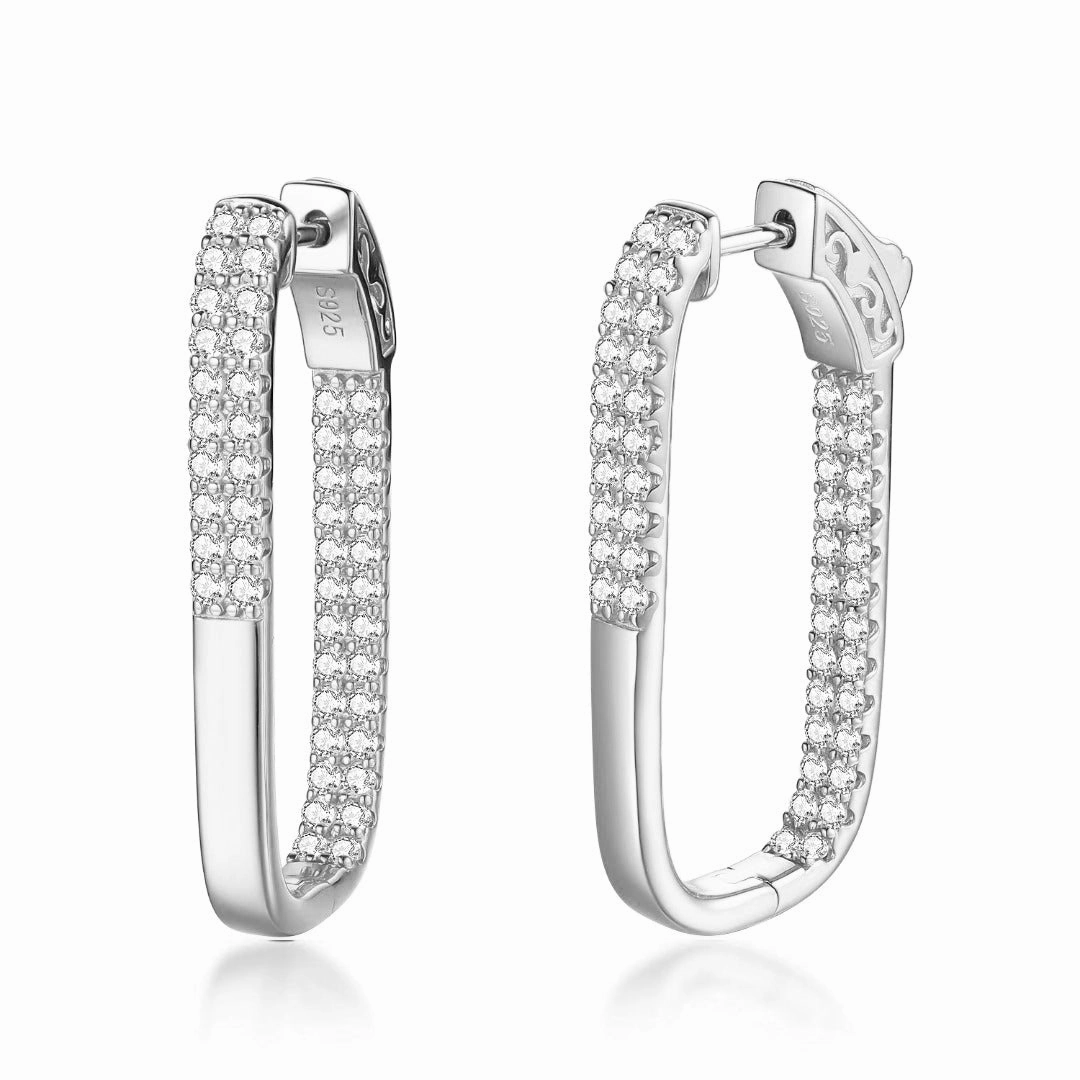 Big Decoration Graceful Embellishment Sterling Silver Double Row CZ Rectangular Hoop Earrings