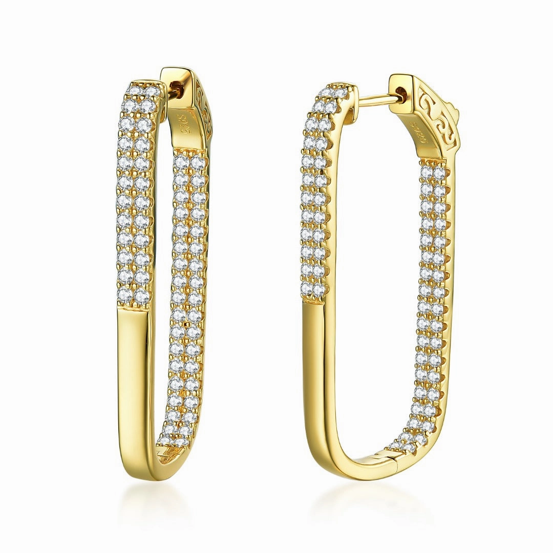 Colorful Jewelry Sterling Silver Double Row CZ Rectangular Hoop Earrings