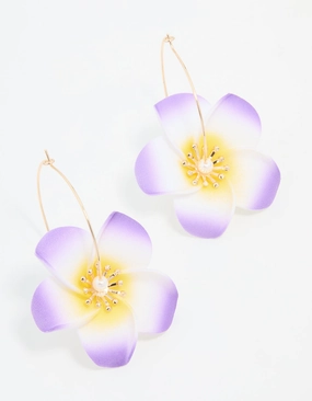 Bohemian Ornament Durable product Gold Purple Pearl Large Frangipani Hoop Earrings