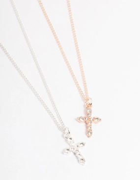 Mixed Metal Classic Diamante Cross Necklace Pack Celebration Time Magnificent Adornment