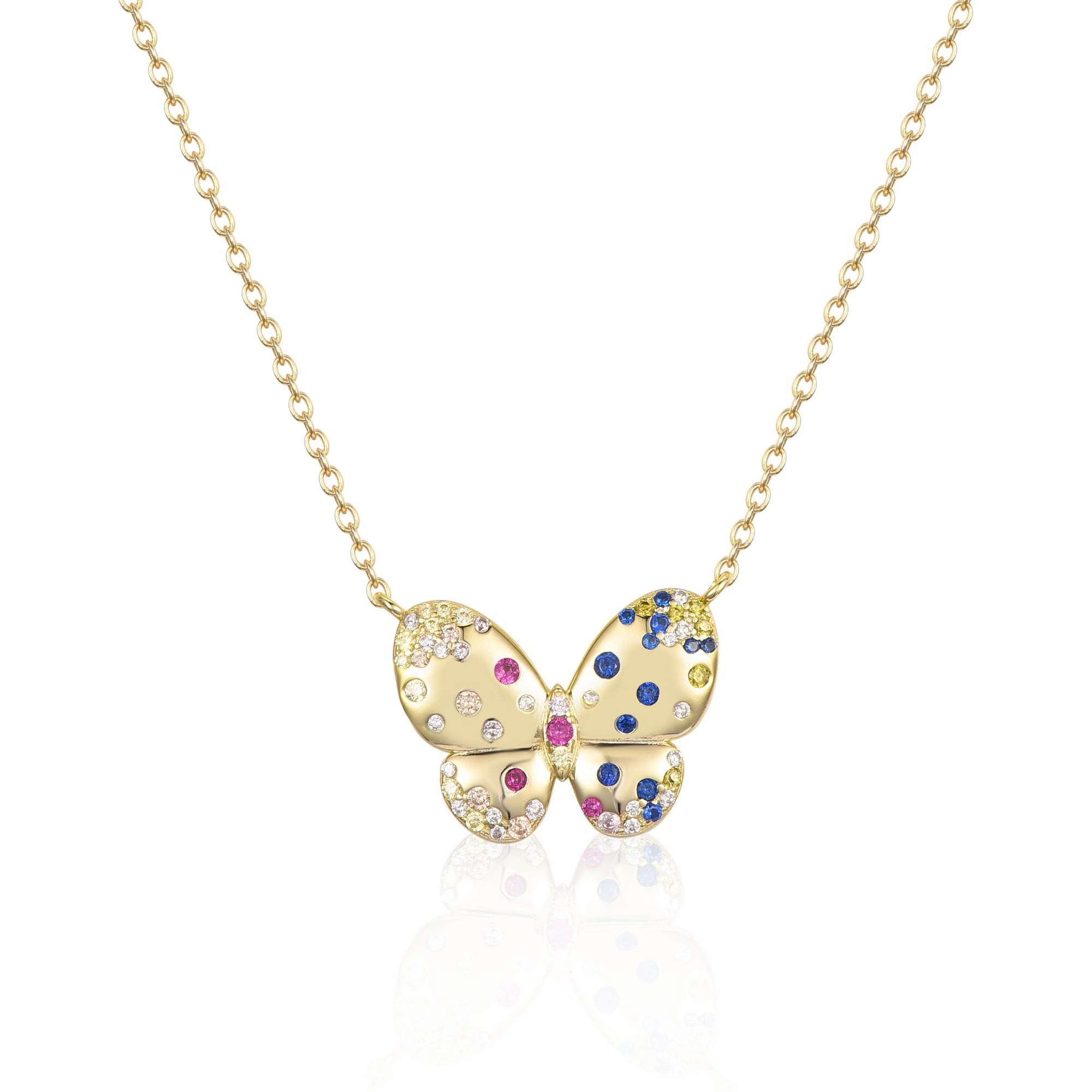 Polished Highlight Seasonal Style Sterling Silver Gold Plated Puffy Butterfly With Colorful CZ Necklace