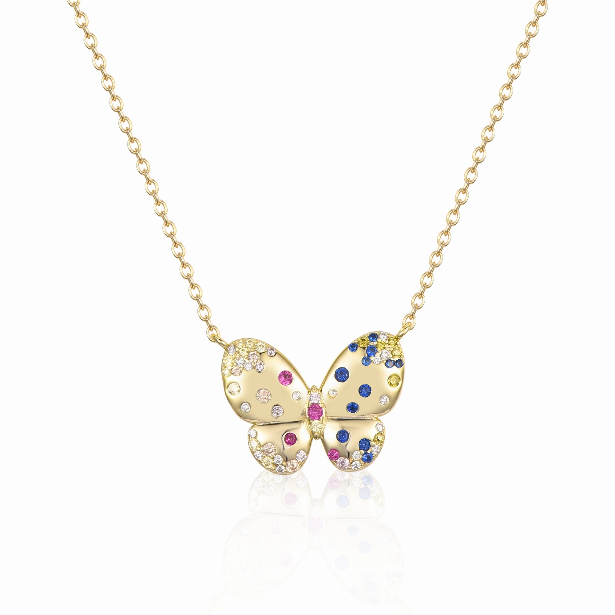 Sterling Silver Gold Plated Puffy Butterfly With Colorful CZ Necklace Perfect Item