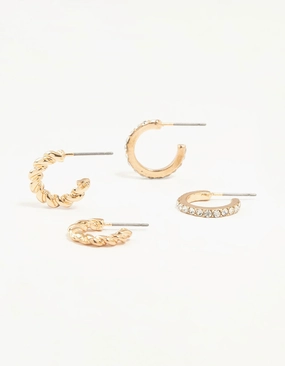 Trendy Vibe Round Decoration Gold Twisted & Diamante Hoop Earrings 2-Pack