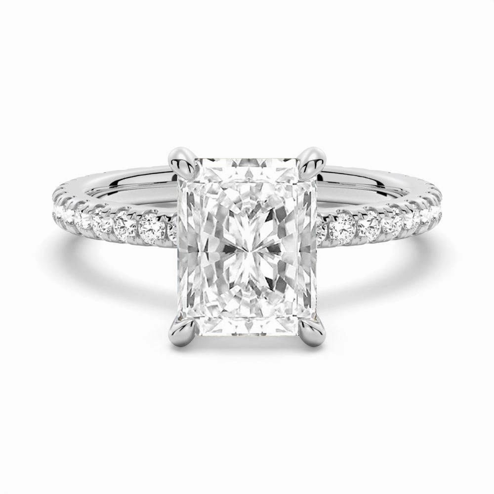 Radiant Cut Moissanite Engagement Ring With Eternity Pave Shank Classic Appeal Superior Piece