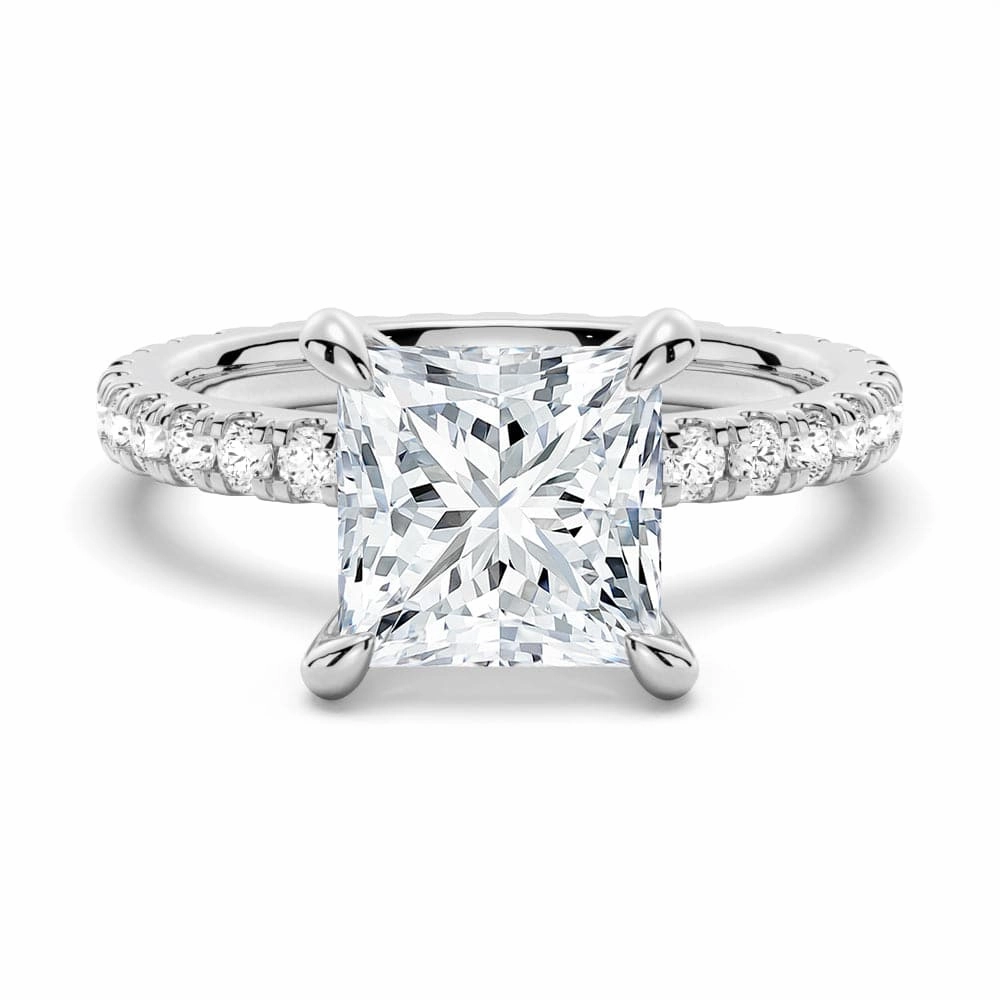 Princess Cut Moissanite Engagement Ring With Eternity Pave Band Meaningful Embellishment Inspired Style