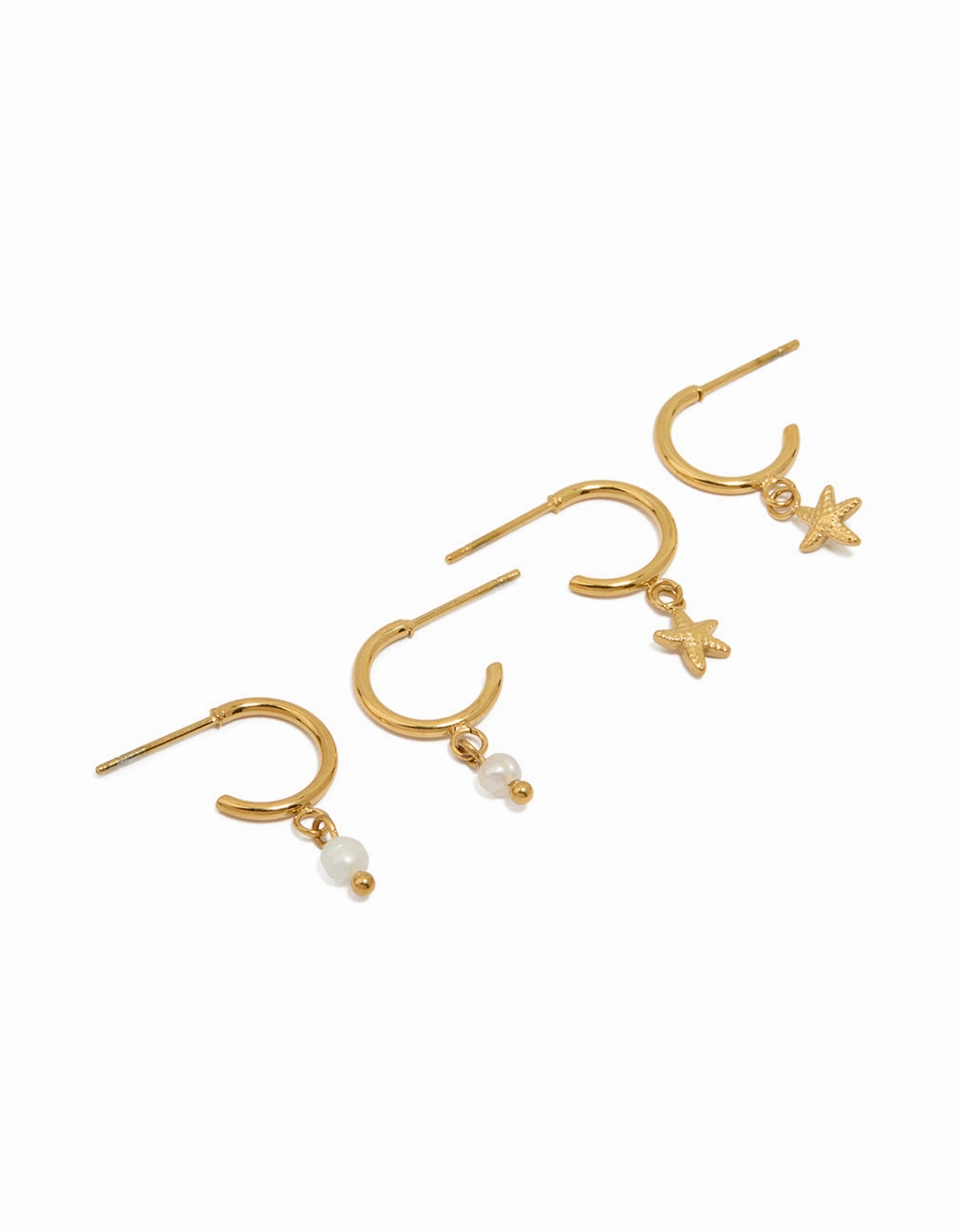 Mature Style Waterproof Gold Plated Stainless Steel Pearl & Starfish Hoop Earrings 2-Pack