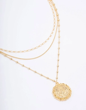 Gold Plated Large Coin Triple Layered Necklace Sleek Accent