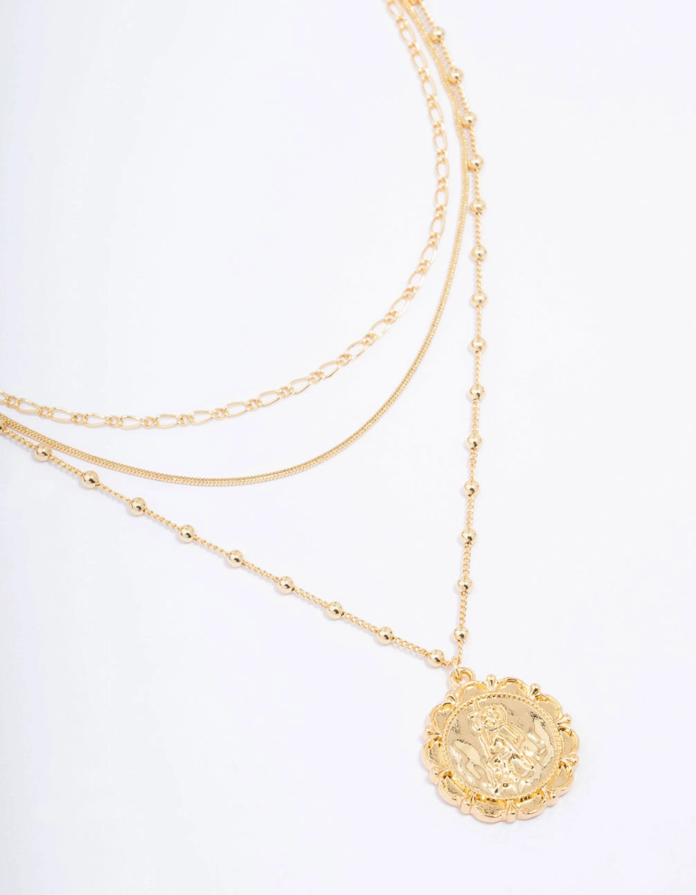 Gold Plated Large Coin Triple Layered Necklace Sleek Accent