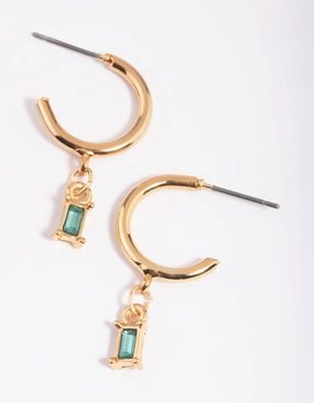 Office Adornment High-Quality Vibe Green Baguette Stone Huggie Hoop Earrings