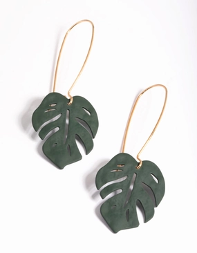 Tiny Embellishment Green Leaf Cutout Drop Earrings