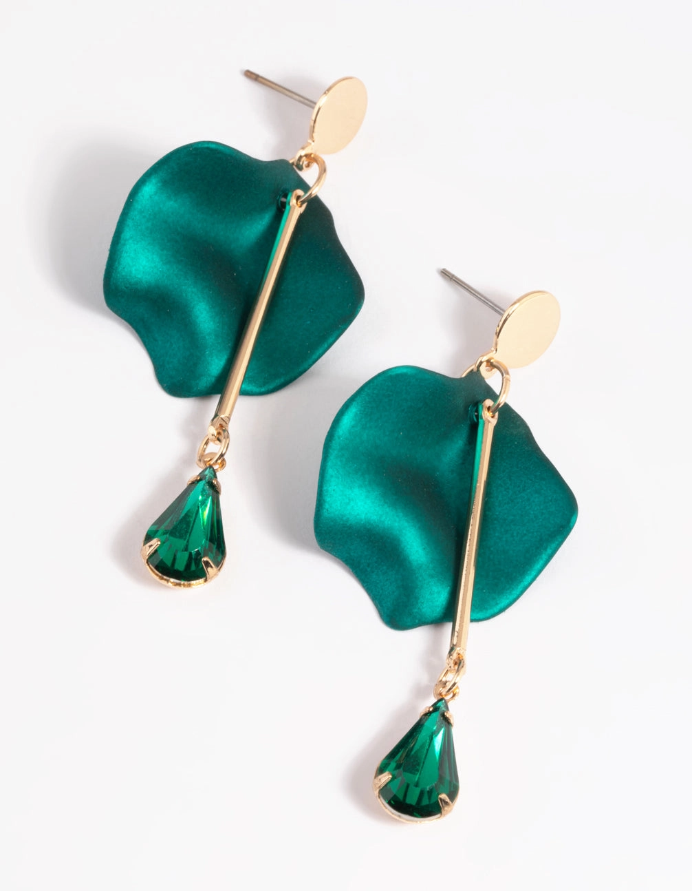 Green Petal & Pear Stone Drop Earrings Curved Accessory Unique Feature