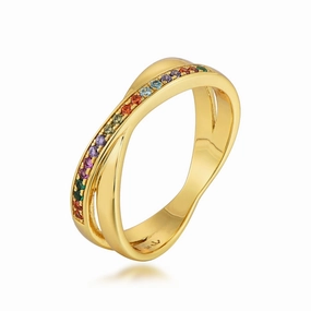 Gold Plated Sterling Silver Micropave Crossover Multicolor CZ Ring Innovative Style