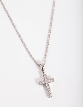Party Night Adornment Silver Diamond Simulant Pave Cross Necklace