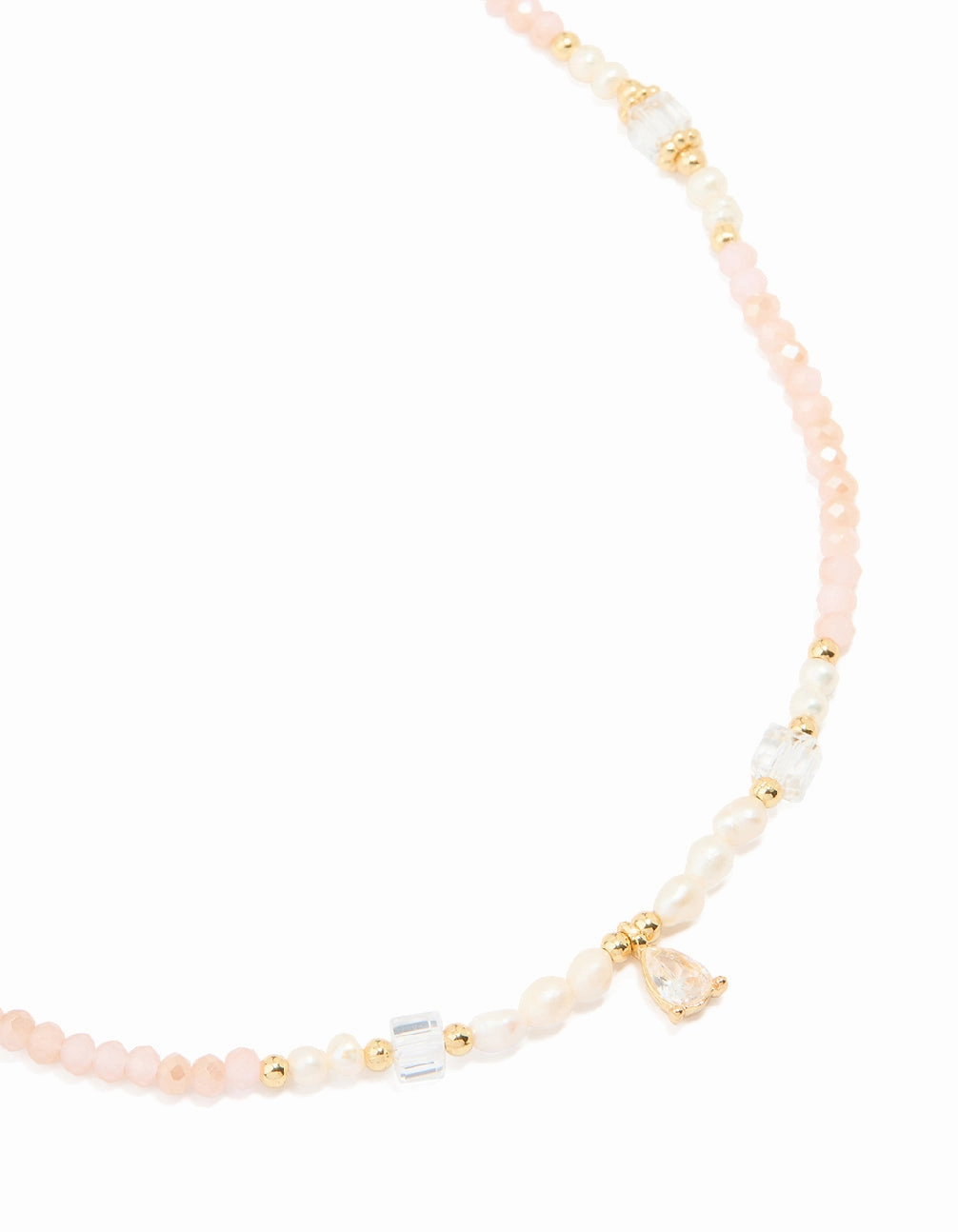 Soft Glamour Sparkling Touch Gold Plated Rose Quartz Freshwater Pearl Cubic Zirconia Beaded Necklace