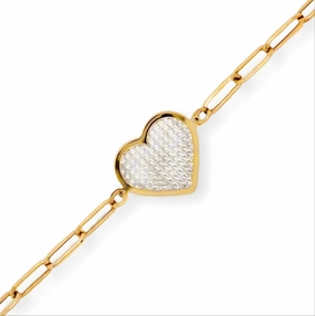 14k Gold Paperclip Bracelet With Center Two Tone Diamond Cut Heart Made-For-You Narrative