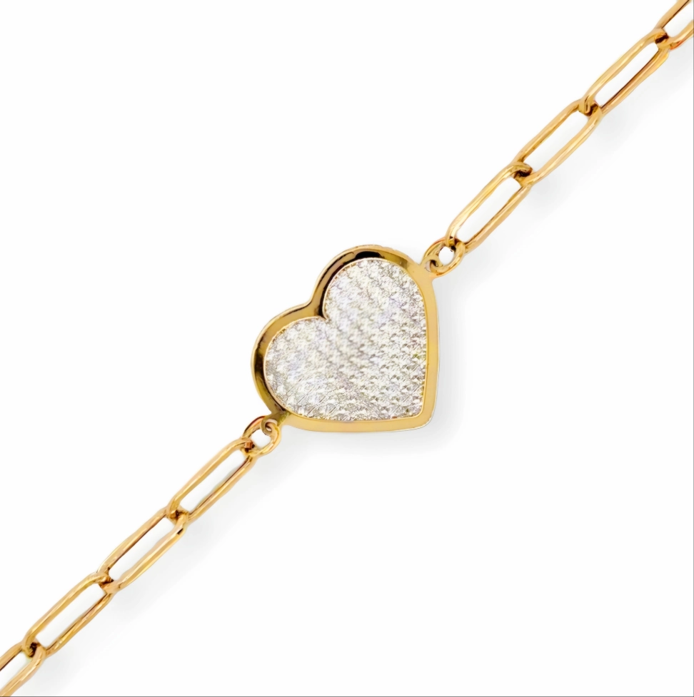 14k Gold Paperclip Bracelet With Center Two Tone Diamond Cut Heart Made-For-You Narrative