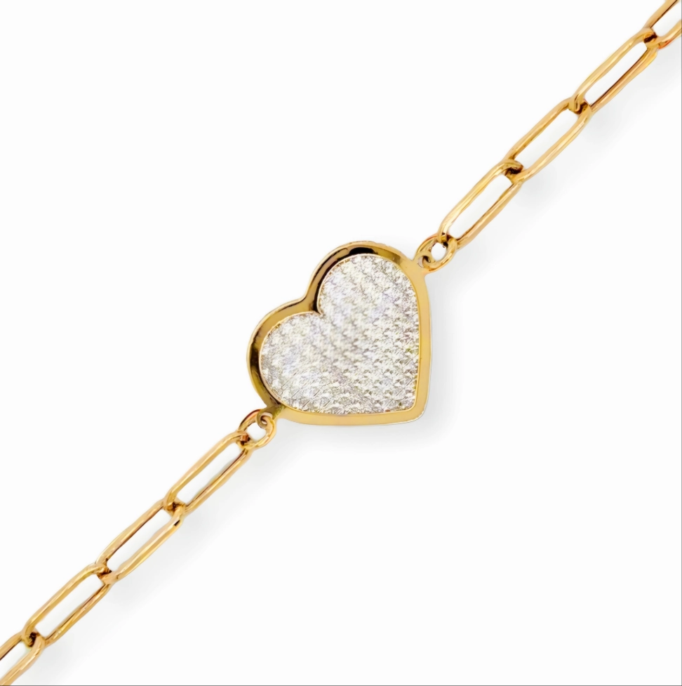 Personal Signature 14k Gold Paperclip Bracelet With Center Two Tone Diamond Cut Heart